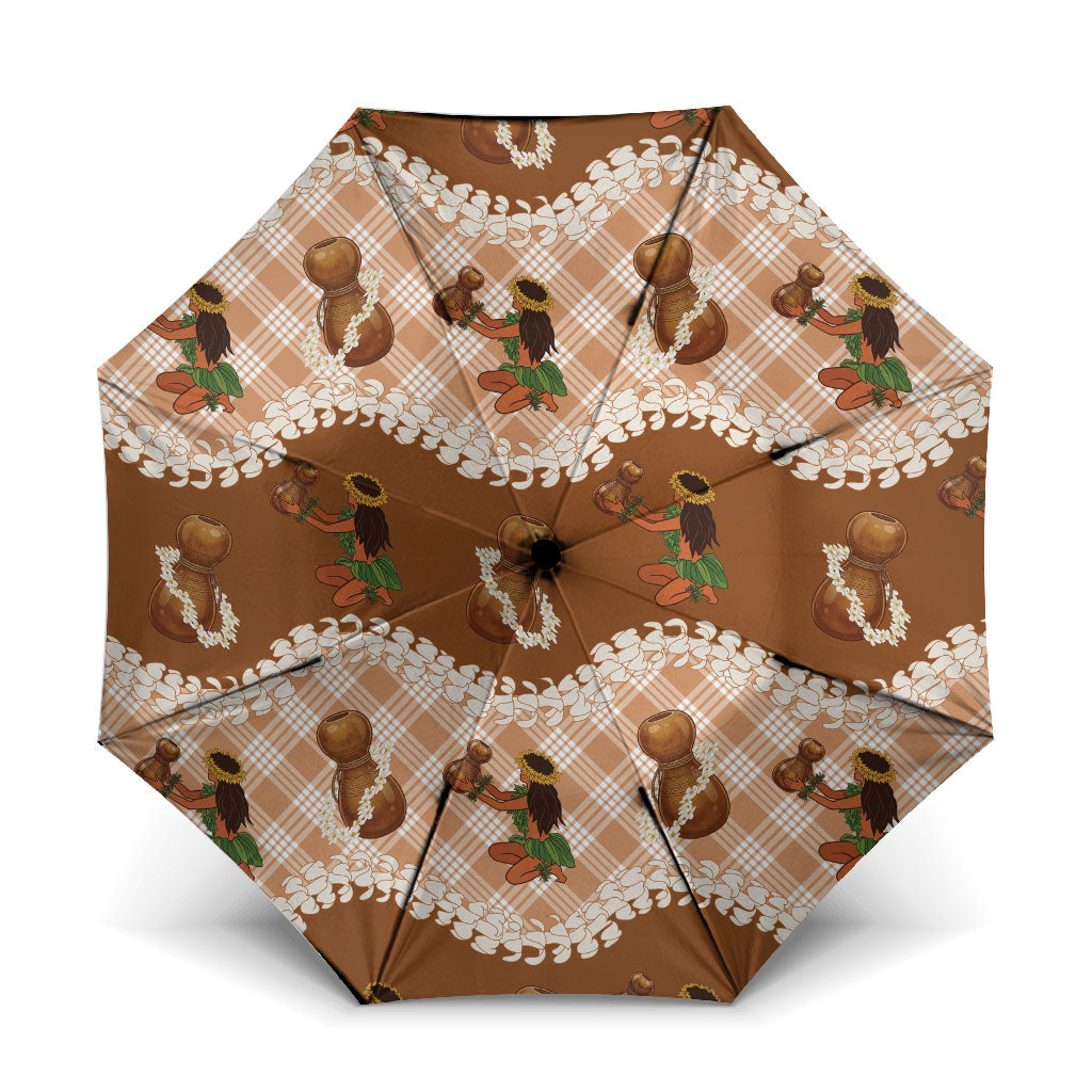 Ipu Heke Hawaii Makahiki Umbrella Hawaiian Puakenikeni Lei Hula Girl Palaka Motifs LT14 One Size Folded 11.42 inch Opened Diameter 37.4 inch Brown - Polynesian Pride