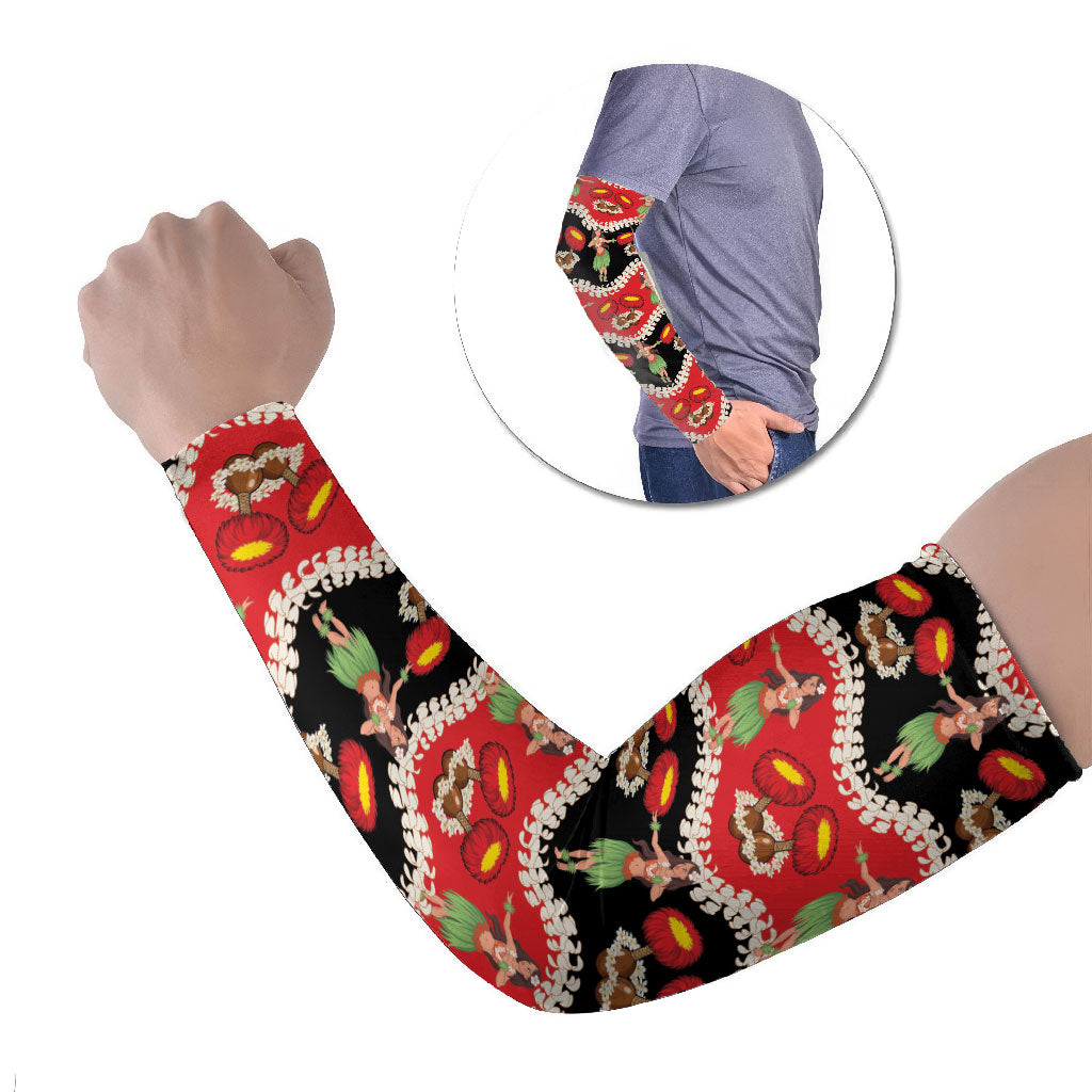 Uliuli Hawaii Makahiki Arm Sleeves Hawaiian Puakenikeni Lei Hula Girl Red Version LT14 Set of 2 Red - Polynesian Pride
