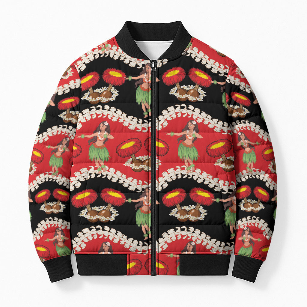 Uliuli Hawaii Makahiki Bomber Puffer Jacket Hawaiian Puakenikeni Lei Hula Girl Red Version