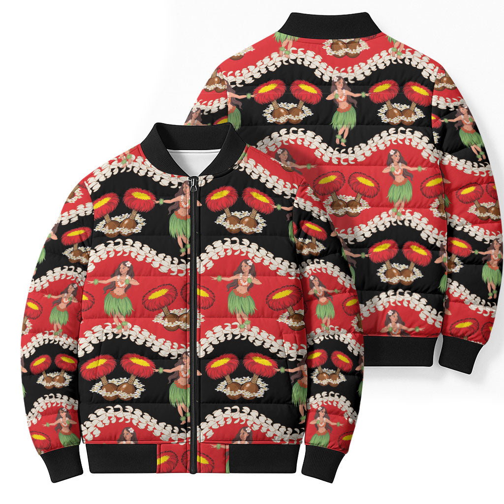 Uliuli Hawaii Makahiki Bomber Puffer Jacket Hawaiian Puakenikeni Lei Hula Girl Red Version LT14 - Polynesian Pride