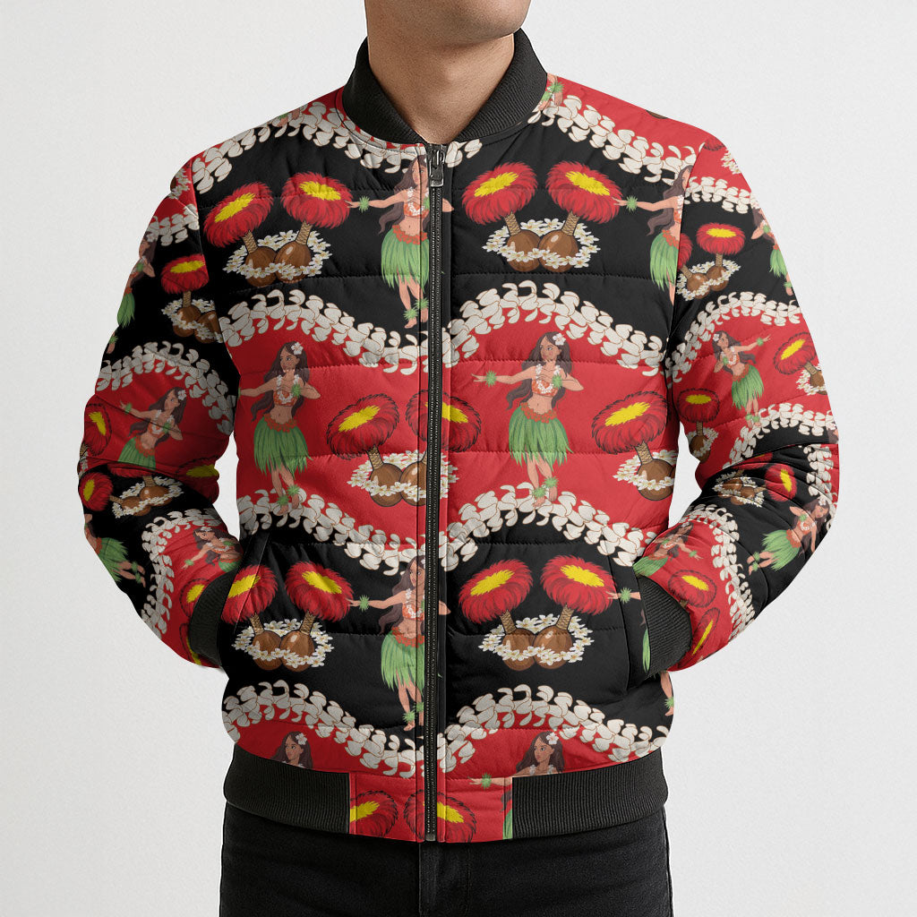 Uliuli Hawaii Makahiki Bomber Puffer Jacket Hawaiian Puakenikeni Lei Hula Girl Red Version LT14 - Polynesian Pride