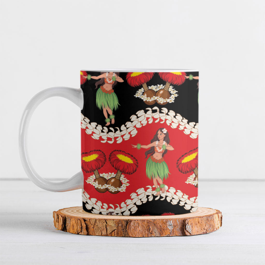 Uliuli Hawaii Makahiki Ceramic Mug Hawaiian Puakenikeni Lei Hula Girl Red Version LT14 Red - Polynesian Pride