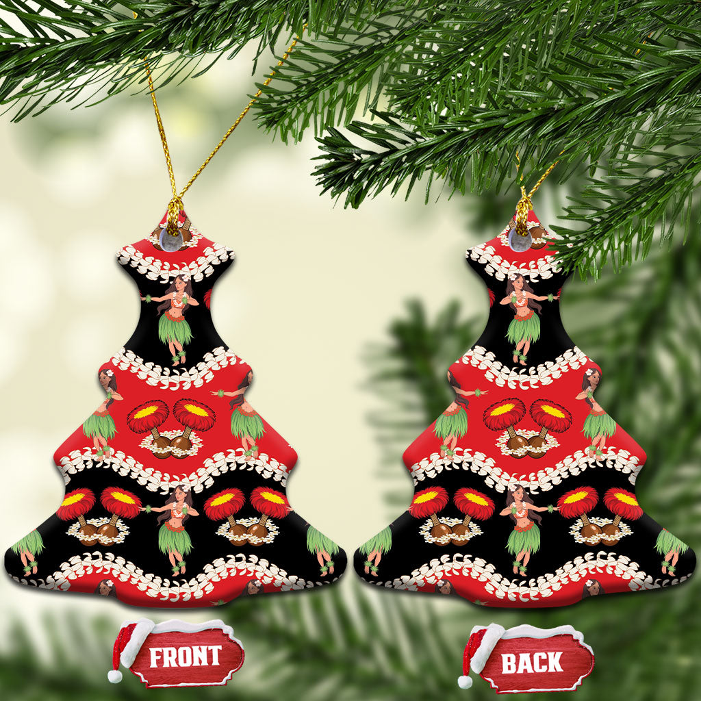 Uliuli Hawaii Makahiki Ceramic Ornament Hawaiian Puakenikeni Lei Hula Girl Red Version LT14 Christmas Tree Red - Polynesian Pride