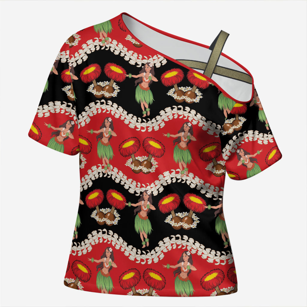 Uliuli Hawaii Makahiki Cross Shoulder Shirt Hawaiian Puakenikeni Lei Hula Girl Red Version