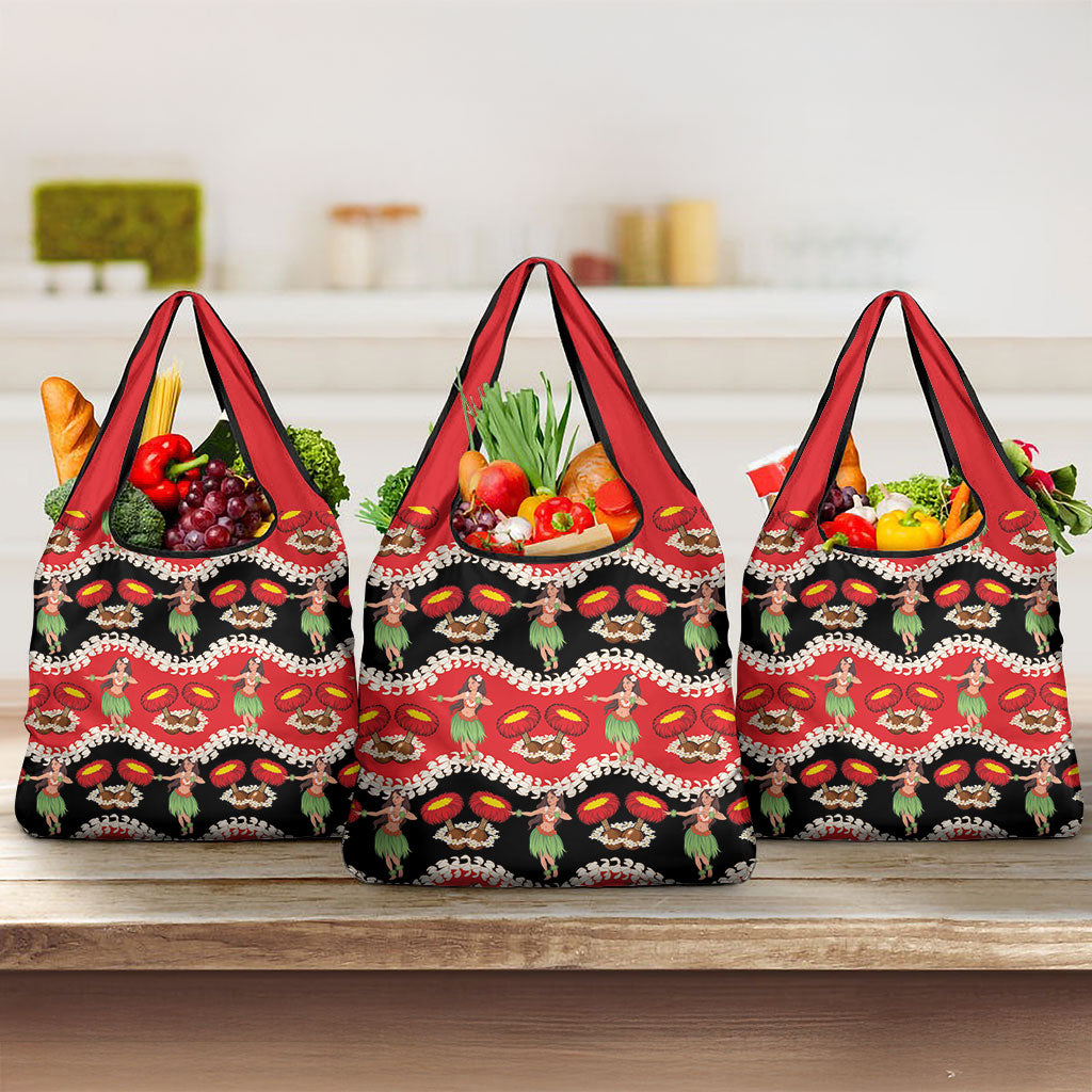 Uliuli Hawaii Makahiki Grocery Bag Hawaiian Puakenikeni Lei Hula Girl Red Version LT14 3-pack One Size Red - Polynesian Pride