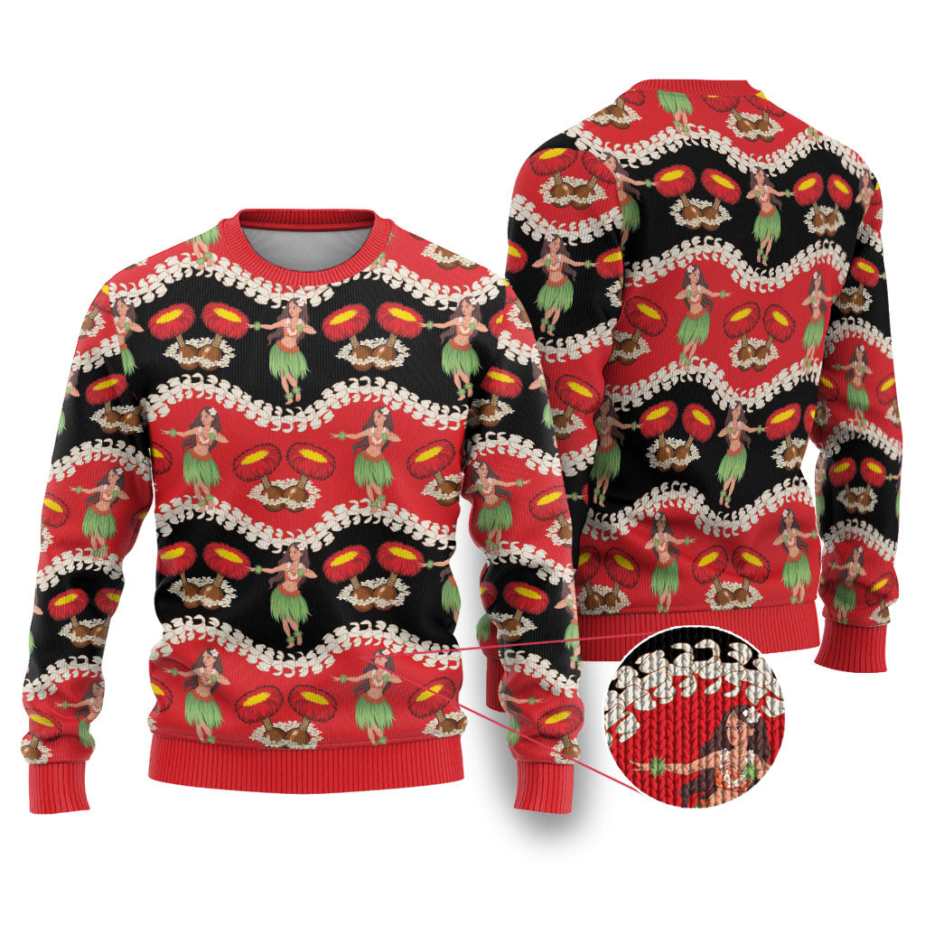 Uliuli Hawaii Makahiki Ugly Christmas Sweater Hawaiian Puakenikeni Lei Hula Girl Red Version