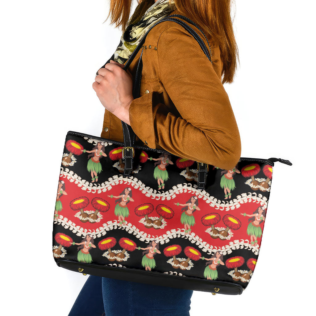 Uliuli Hawaii Makahiki Leather Tote Bag Hawaiian Puakenikeni Lei Hula Girl Red Version LT14 Red - Polynesian Pride