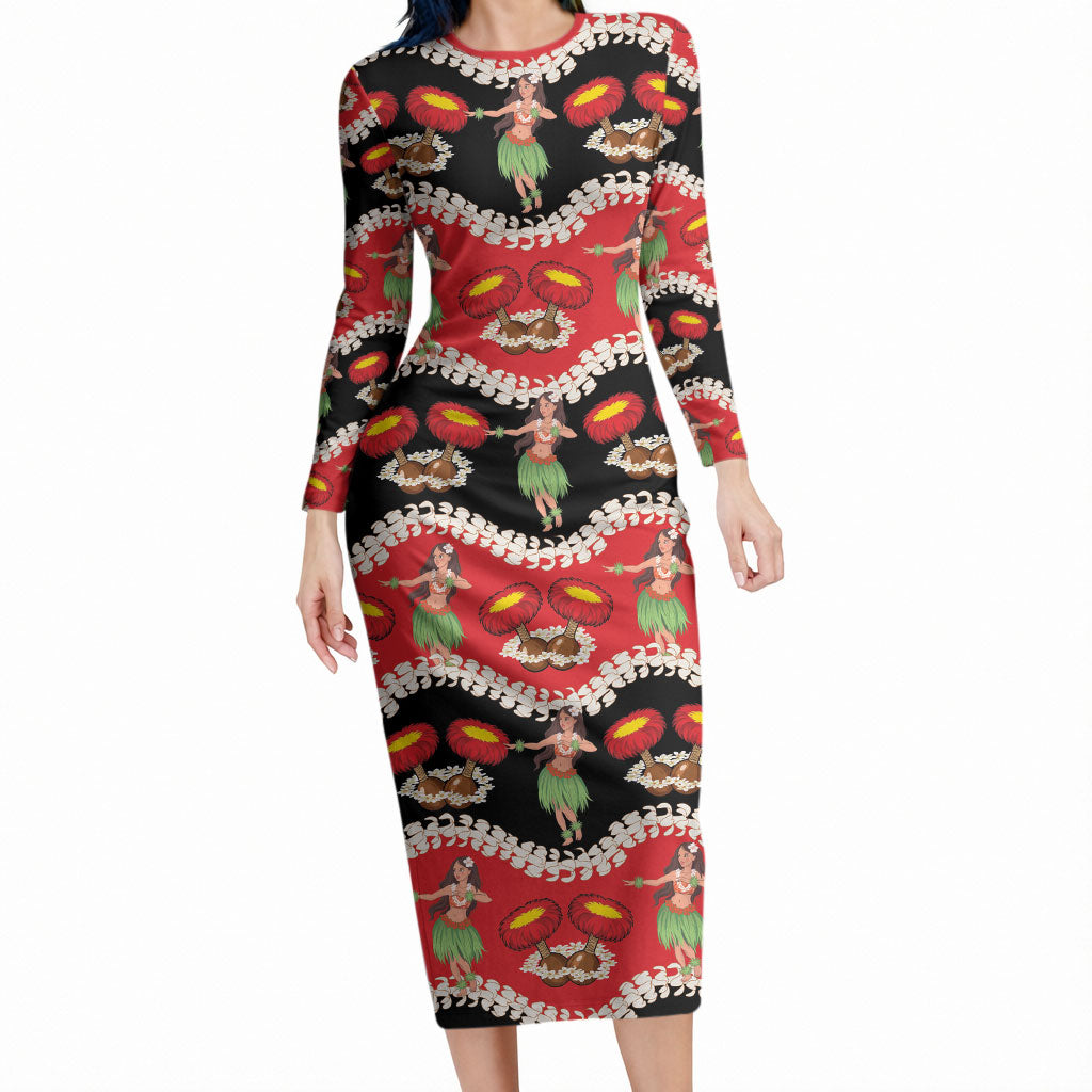 Uliuli Hawaii Makahiki Long Sleeve Bodycon Dress Hawaiian Puakenikeni Lei Hula Girl Red Version LT14 Long Dress Red - Polynesian Pride