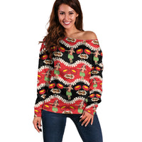 Uliuli Hawaii Makahiki Off Shoulder Sweater Hawaiian Puakenikeni Lei Hula Girl Red Version LT14 Women Red - Polynesian Pride