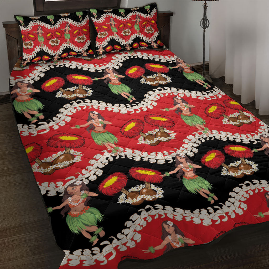 Uliuli Hawaii Makahiki Quilt Bed Set Hawaiian Puakenikeni Lei Hula Girl Red Version