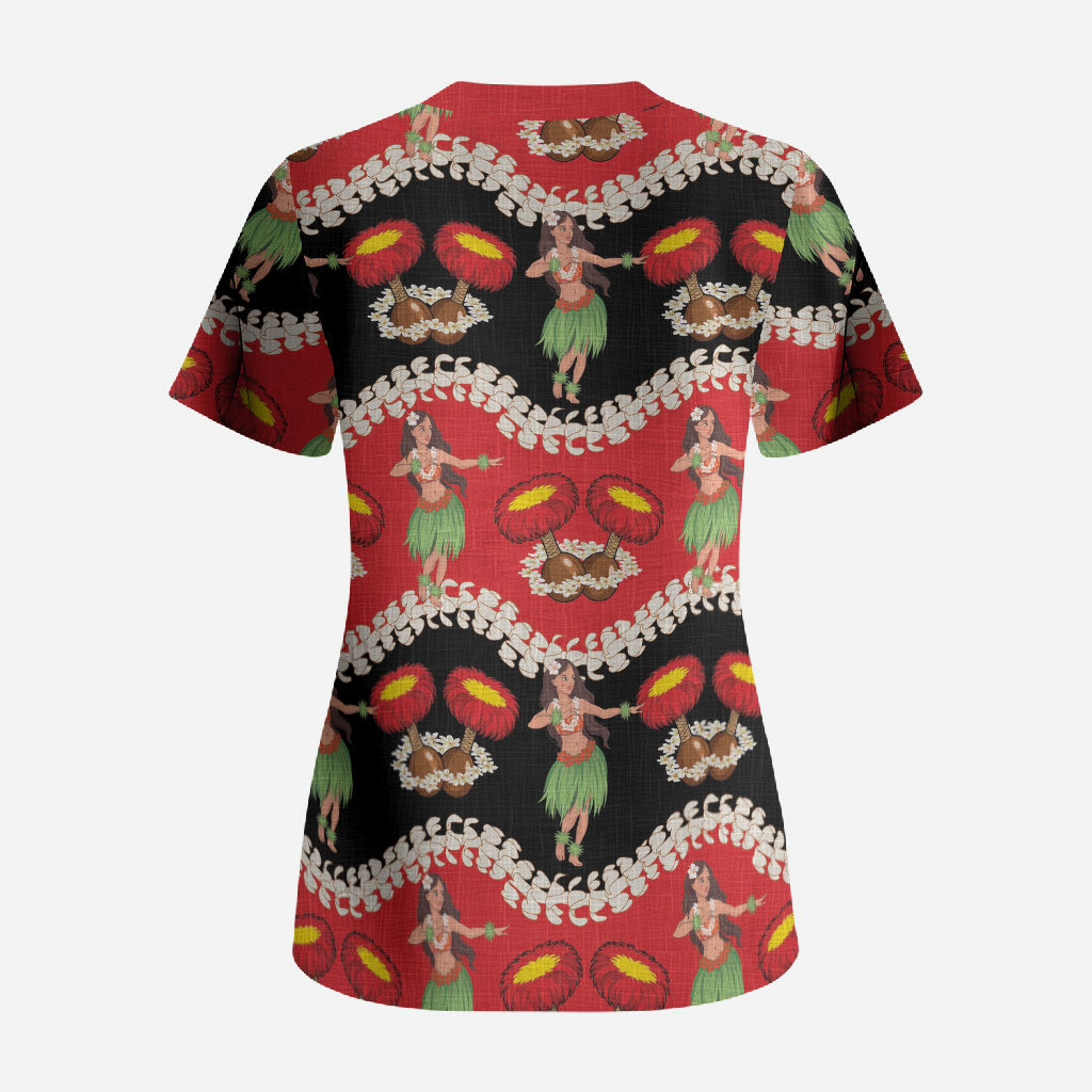 Uliuli Hawaii Makahiki Scrub Top Hawaiian Puakenikeni Lei Hula Girl Red Version LT14 - Polynesian Pride