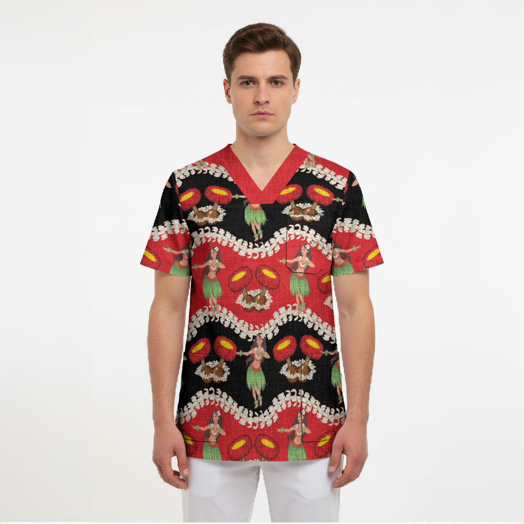 Uliuli Hawaii Makahiki Scrub Top Hawaiian Puakenikeni Lei Hula Girl Red Version LT14 - Polynesian Pride