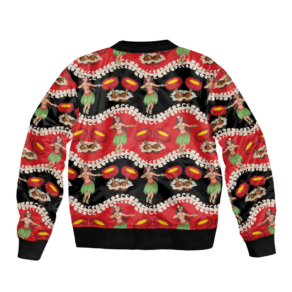 Uliuli Hawaii Makahiki Sleeve Zip Bomber Jacket Hawaiian Puakenikeni Lei Hula Girl Red Version LT14 - Polynesian Pride
