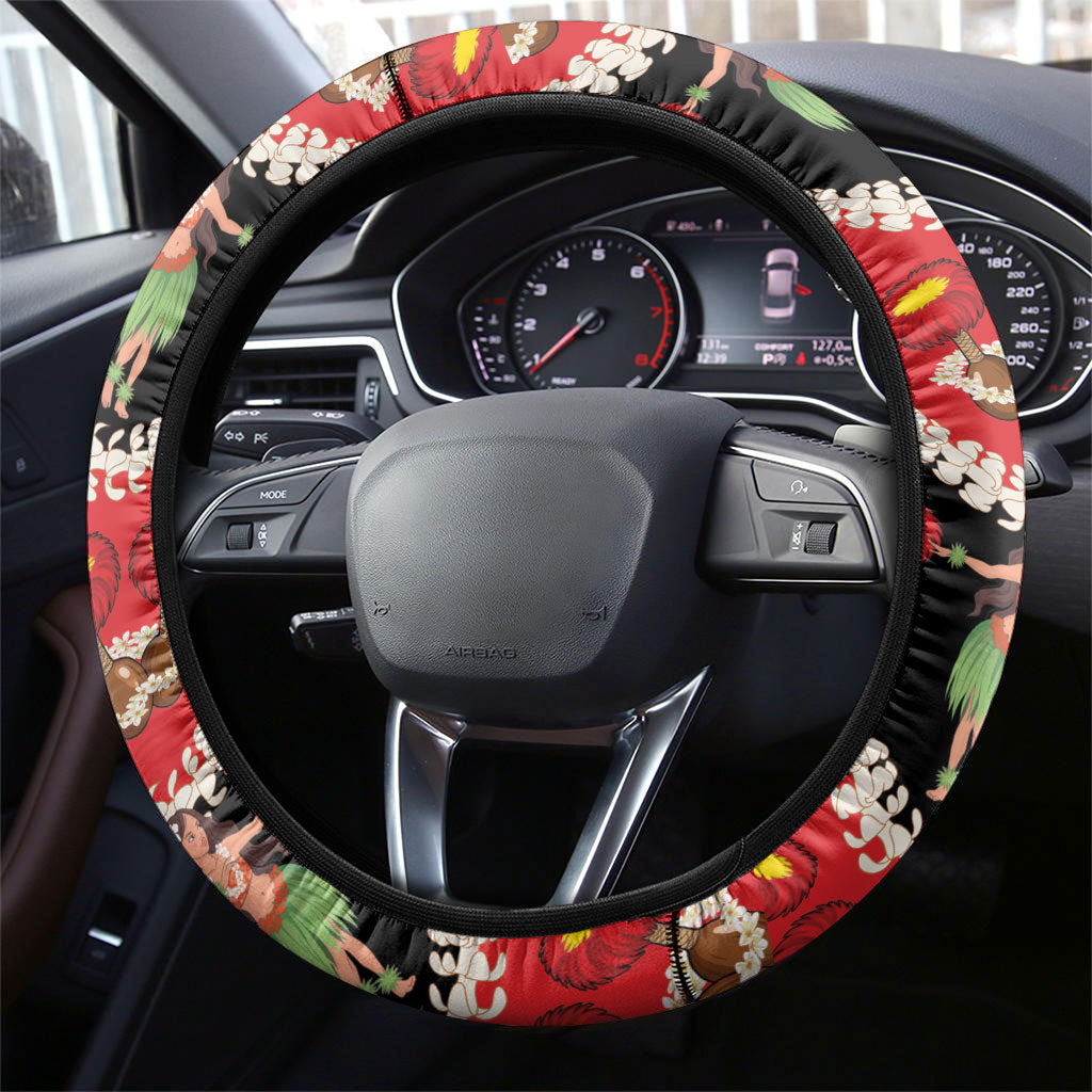 Uliuli Hawaii Makahiki Steering Wheel Cover Hawaiian Puakenikeni Lei Hula Girl Red Version LT14 - Polynesian Pride