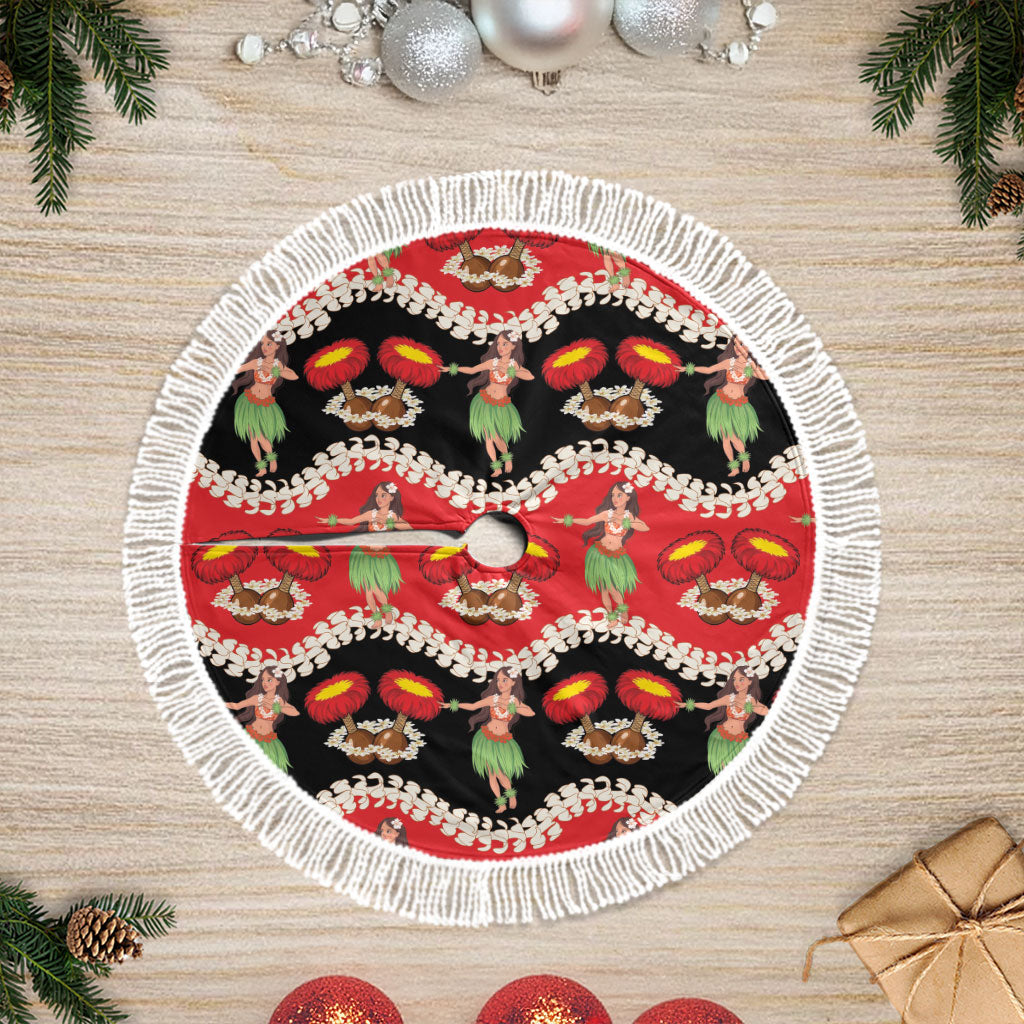 Uliuli Hawaii Makahiki Tree Skirt Hawaiian Puakenikeni Lei Hula Girl Red Version LT14 Fringed Red - Polynesian Pride