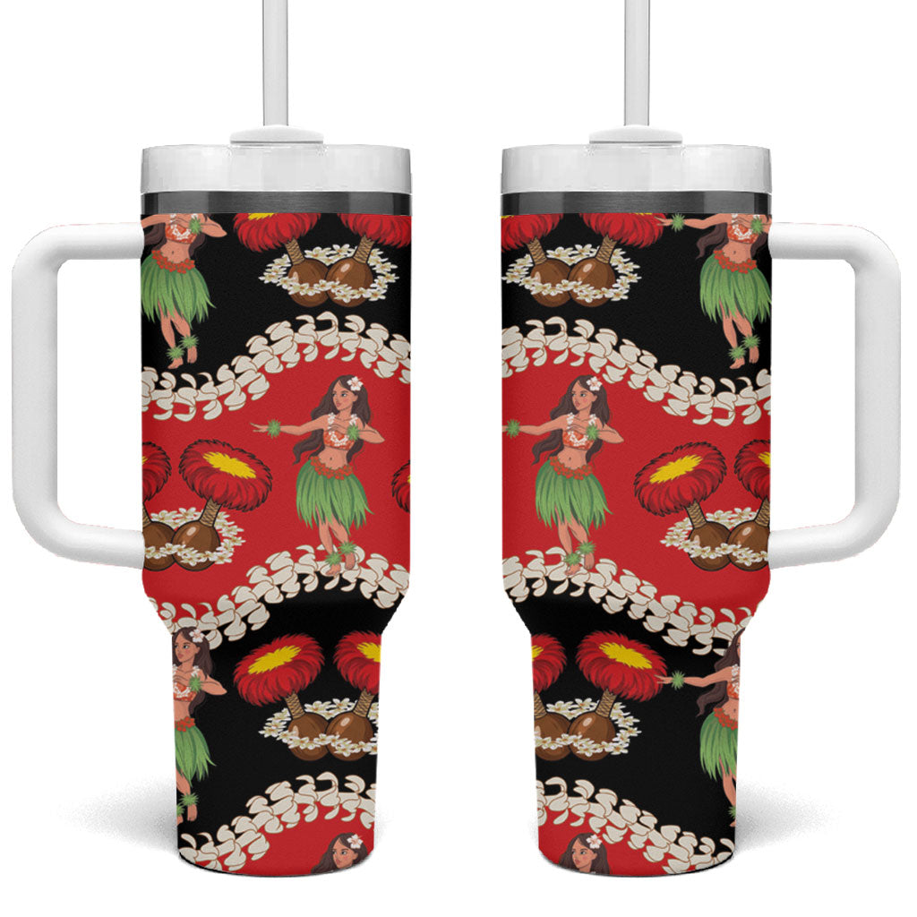 Uliuli Hawaii Makahiki Tumbler With Handle Hawaiian Puakenikeni Lei Hula Girl Red Version