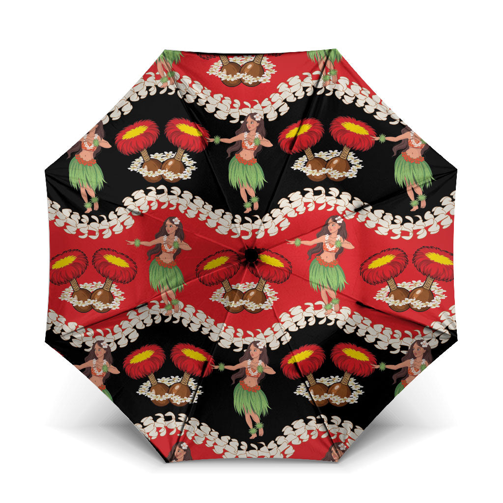 Uliuli Hawaii Makahiki Umbrella Hawaiian Puakenikeni Lei Hula Girl Red Version LT14 One Size Folded 11.42 inch Opened Diameter 37.4 inch Red - Polynesian Pride