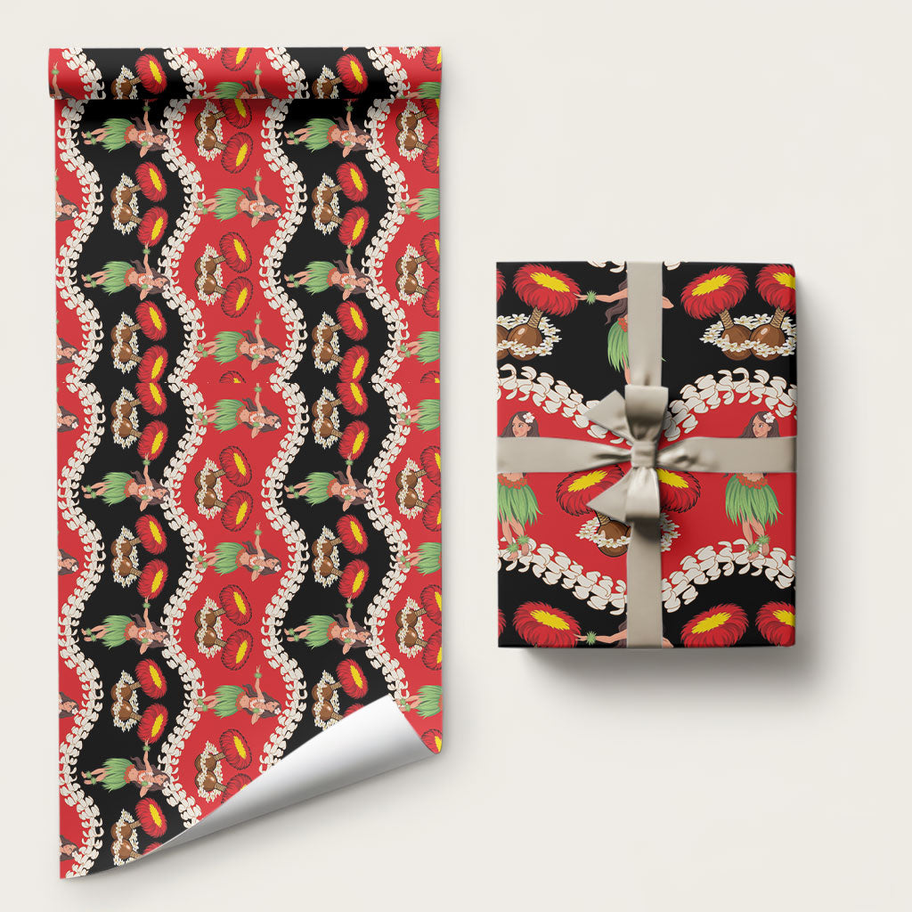 Uliuli Hawaii Makahiki Wrapping Paper Hawaiian Puakenikeni Lei Hula Girl Red Version LT14 58" × 23" Red - Polynesian Pride