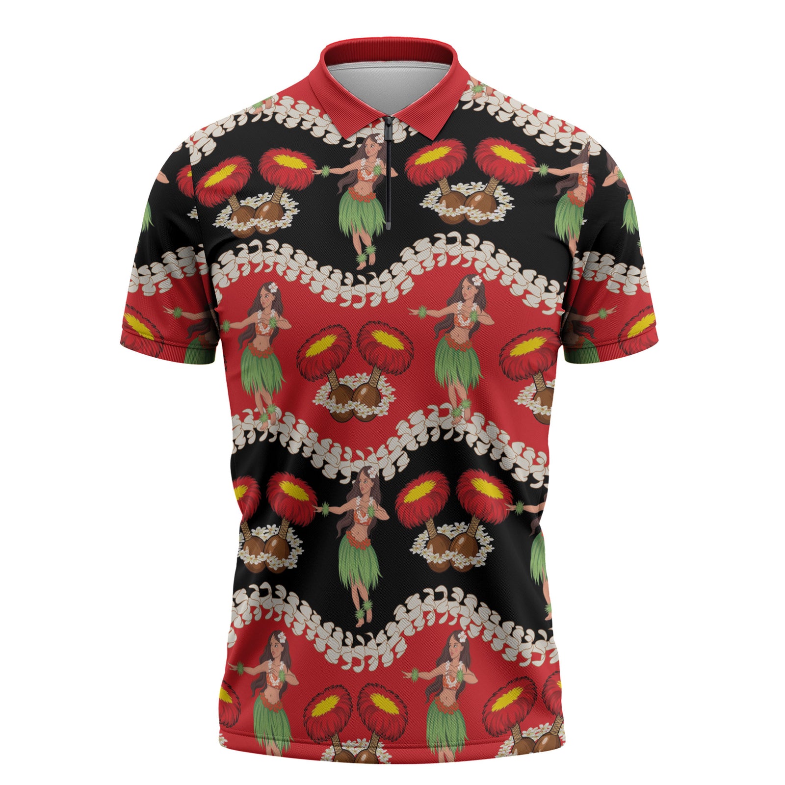 Uliuli Hawaii Makahiki Zipper Polo Shirt Hawaiian Puakenikeni Lei Hula Girl Red Version LT14 Red - Polynesian Pride