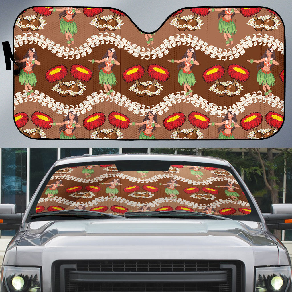 Uliuli Hawaii Makahiki Auto Sun Shade Hawaiian Puakenikeni Lei Hula Girl Brown Version
