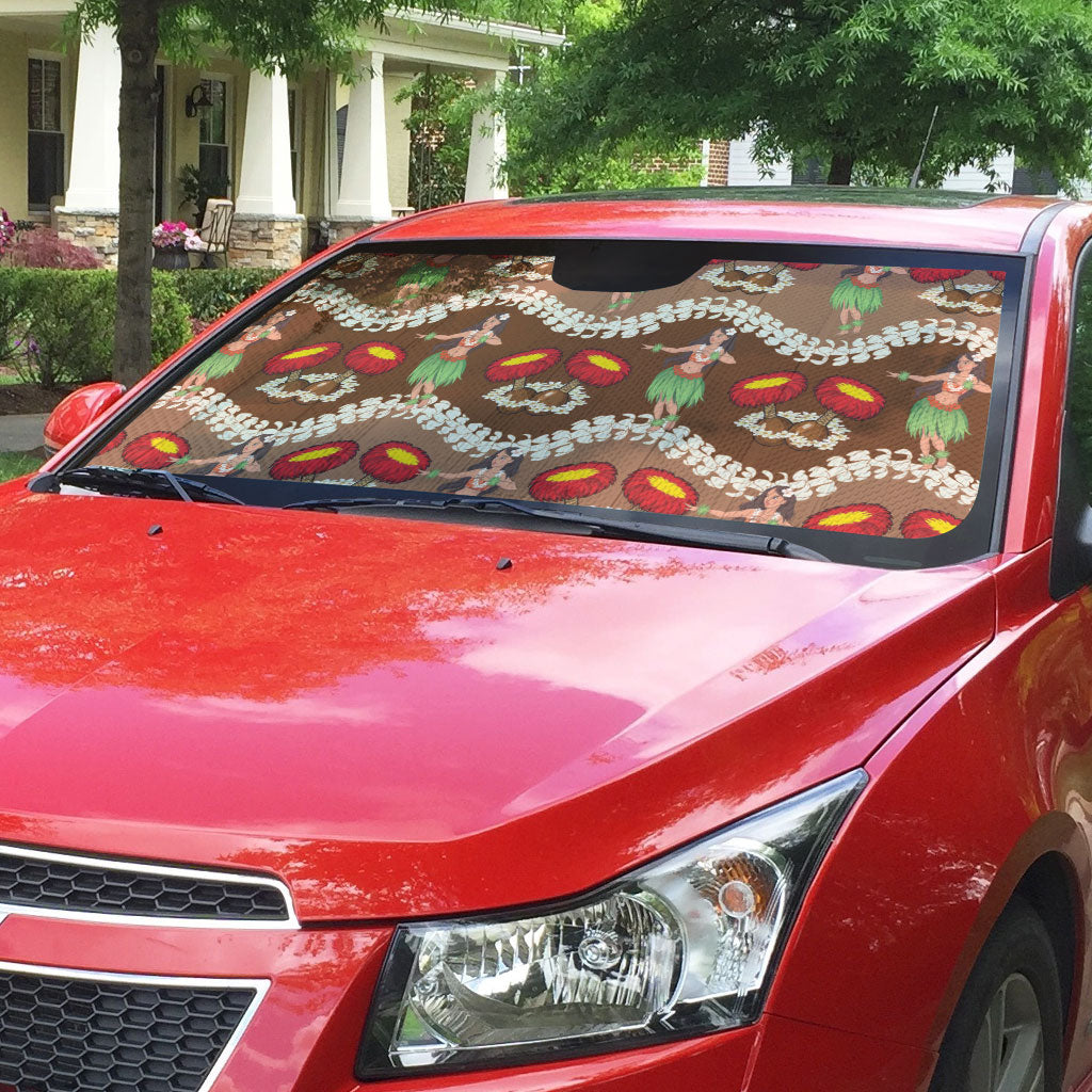 Uliuli Hawaii Makahiki Auto Sun Shade Hawaiian Puakenikeni Lei Hula Girl Brown Version LT14 - Polynesian Pride