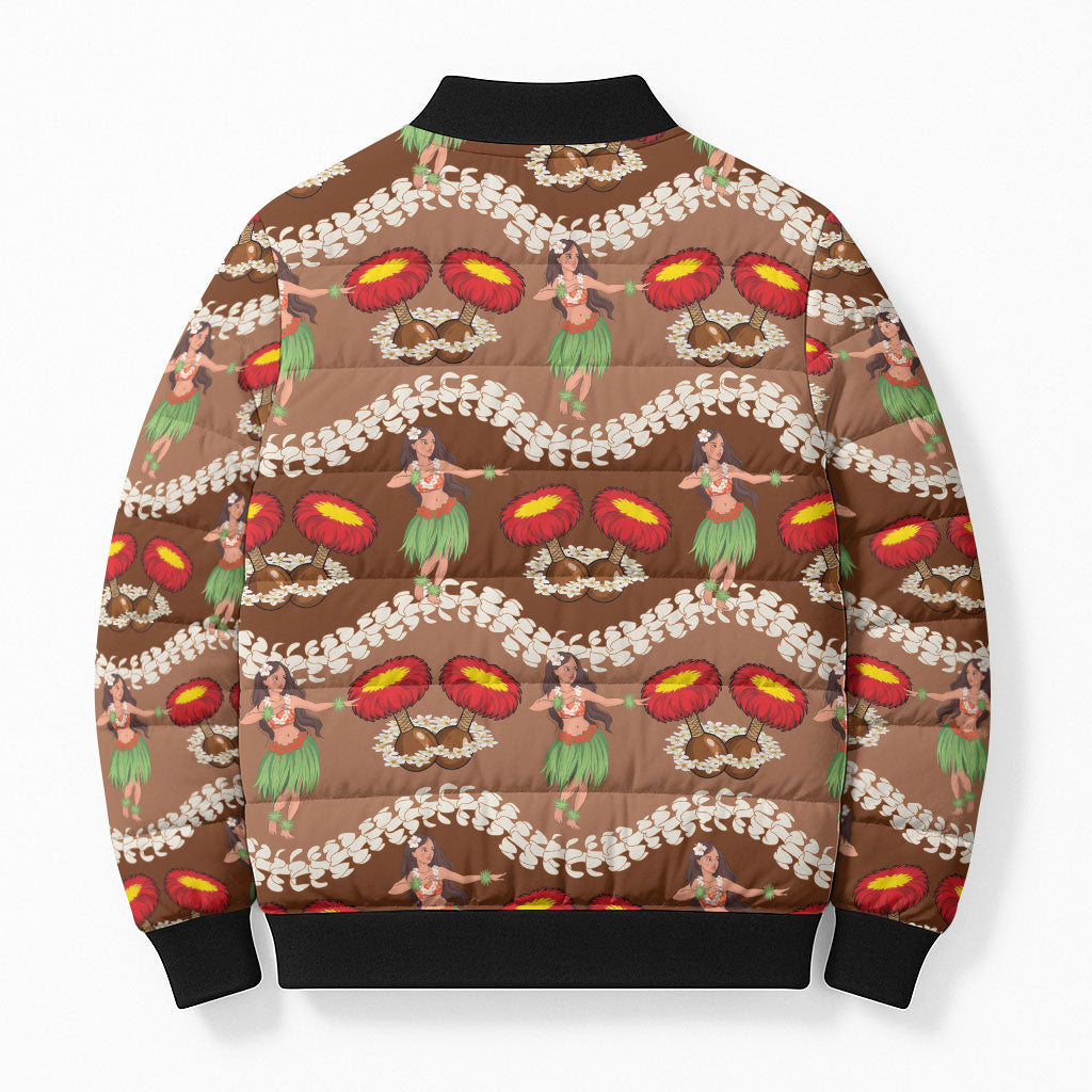 Uliuli Hawaii Makahiki Bomber Puffer Jacket Hawaiian Puakenikeni Lei Hula Girl Brown Version LT14 - Polynesian Pride