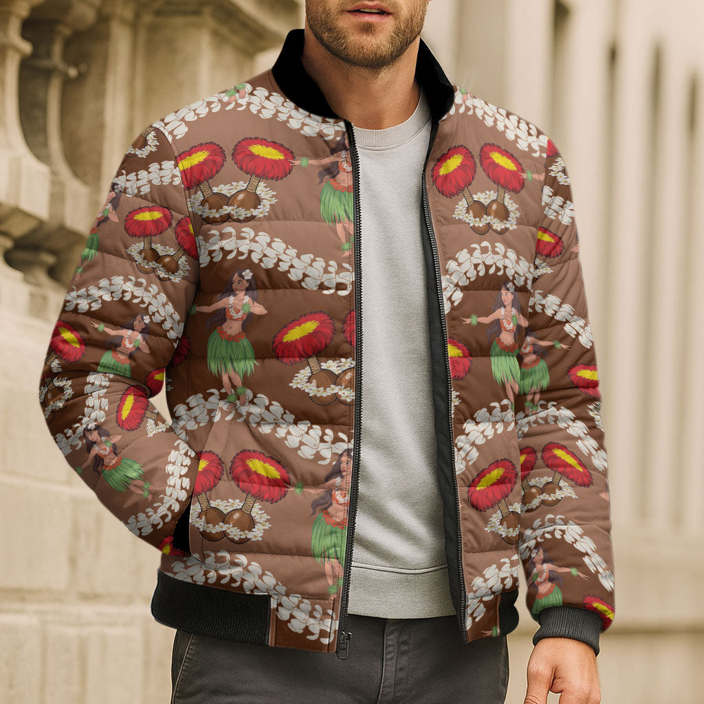 Uliuli Hawaii Makahiki Bomber Puffer Jacket Hawaiian Puakenikeni Lei Hula Girl Brown Version LT14 - Polynesian Pride