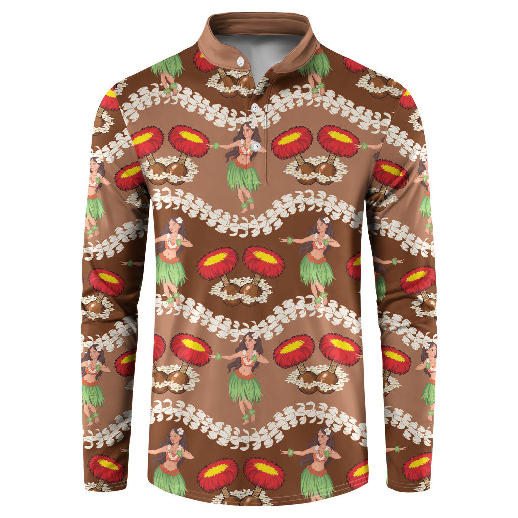 Uliuli Hawaii Makahiki Button Sweatshirt Hawaiian Puakenikeni Lei Hula Girl Brown Version