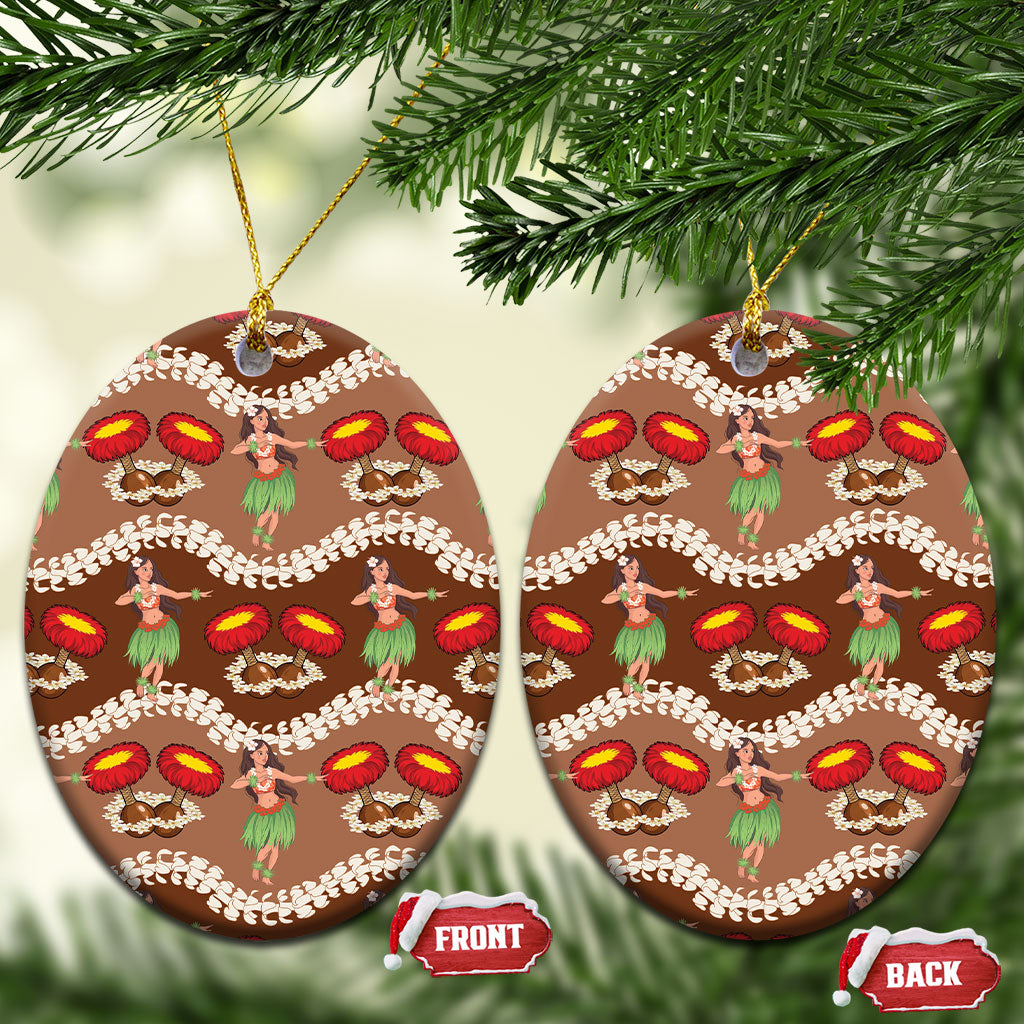 Uliuli Hawaii Makahiki Ceramic Ornament Hawaiian Puakenikeni Lei Hula Girl Brown Version LT14 Oval Brown - Polynesian Pride