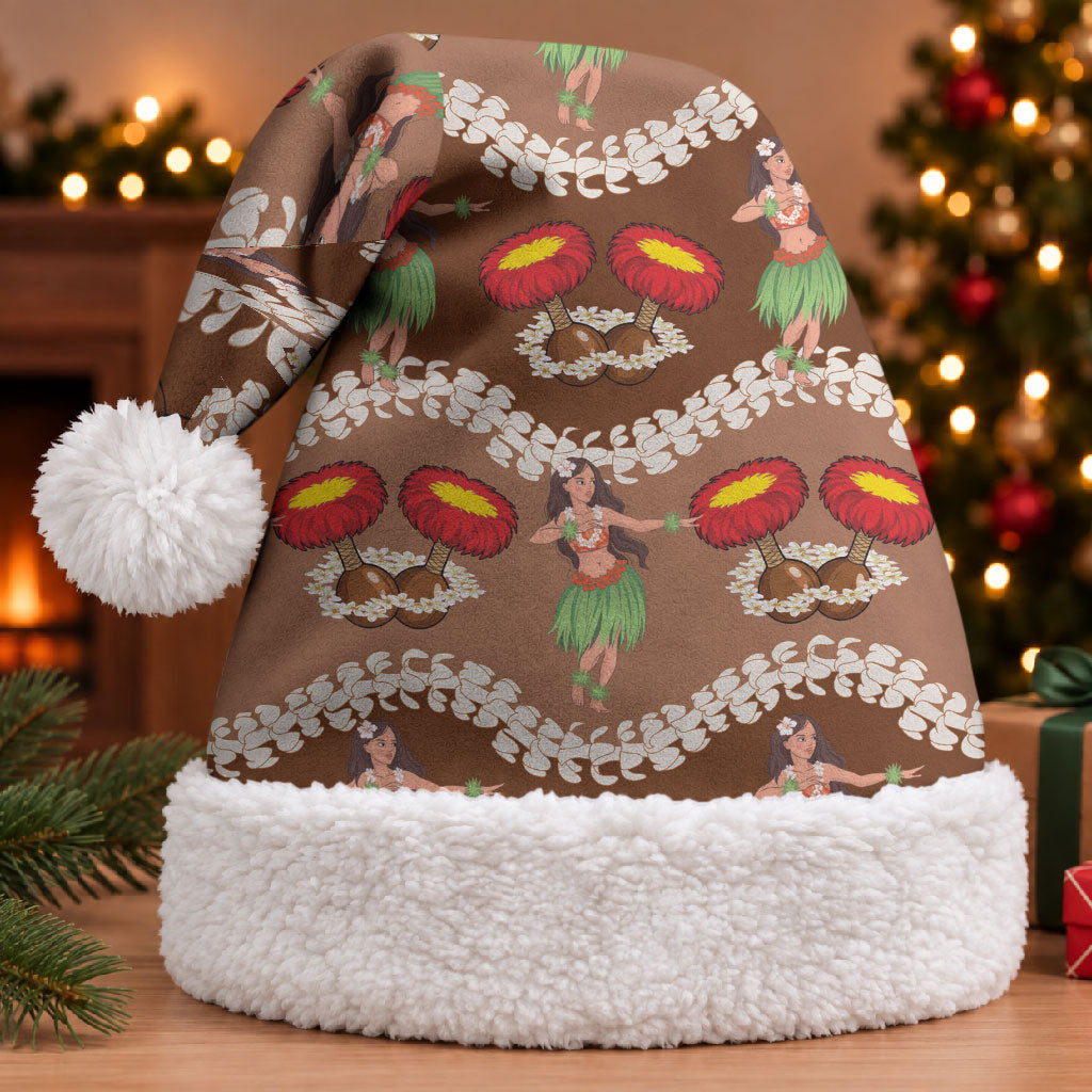 Uliuli Hawaii Makahiki Christmas Santa Hat Hawaiian Puakenikeni Lei Hula Girl Brown Version LT14 With Fur Brown - Polynesian Pride