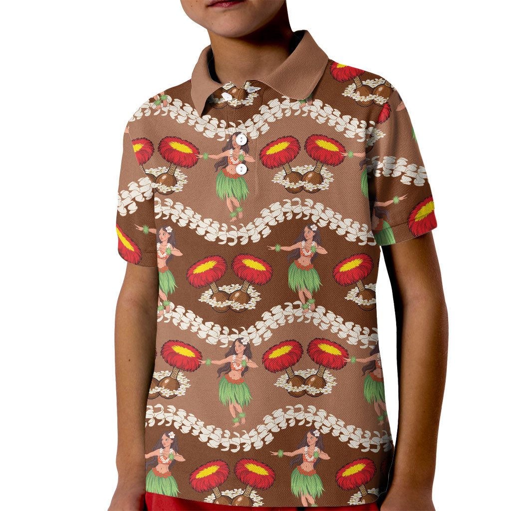Uliuli Hawaii Makahiki Kid Polo Shirt Hawaiian Puakenikeni Lei Hula Girl Brown Version LT14 Kid Brown - Polynesian Pride
