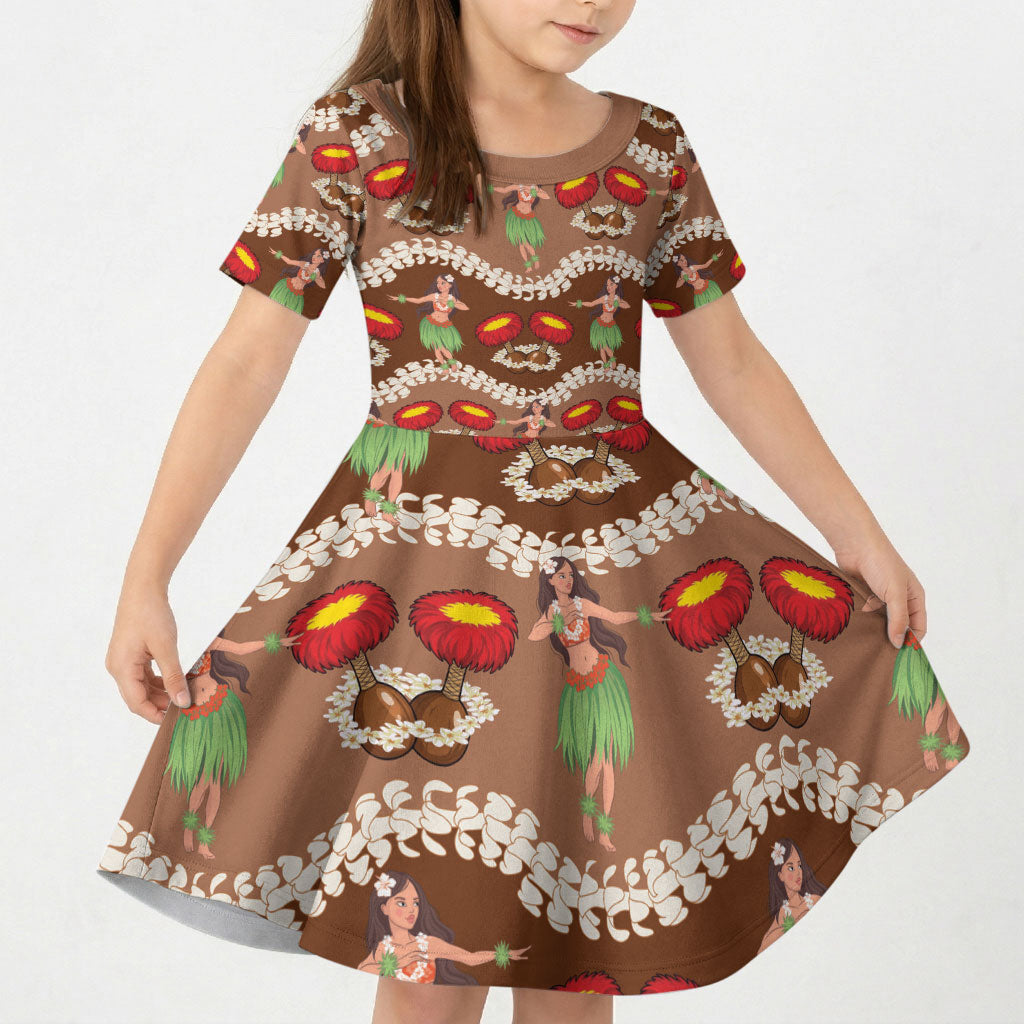 Uliuli Hawaii Makahiki Kid Short Sleeve Dress Hawaiian Puakenikeni Lei Hula Girl Brown Version LT14 KID Brown - Polynesian Pride