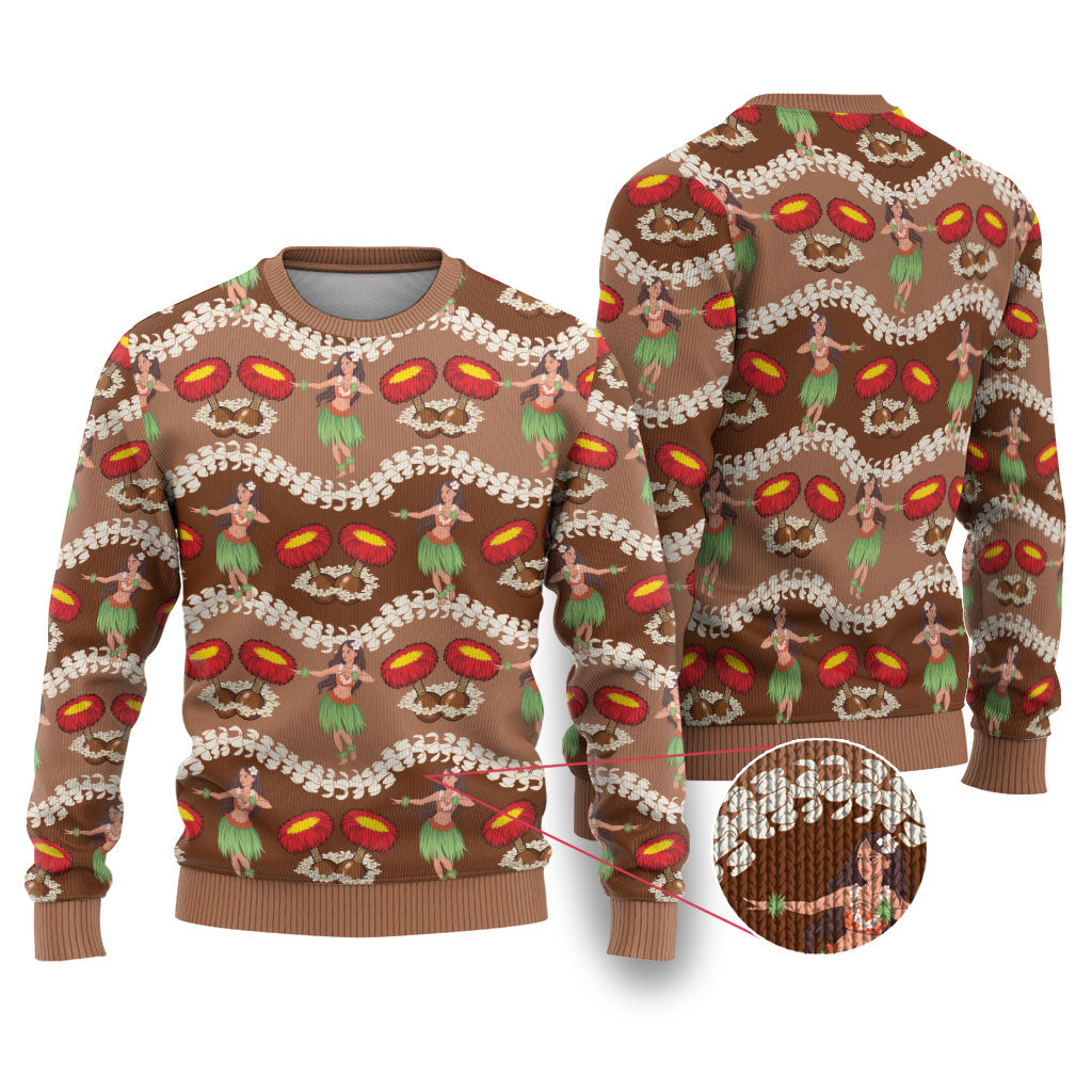 Uliuli Hawaii Makahiki Ugly Christmas Sweater Hawaiian Puakenikeni Lei Hula Girl Brown Version
