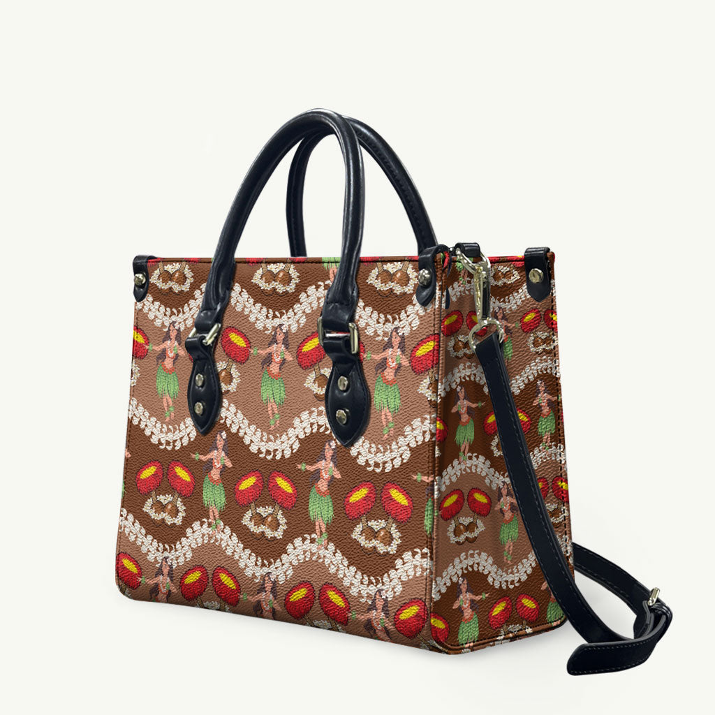 Uliuli Hawaii Makahiki Leather Bag Hawaiian Puakenikeni Lei Hula Girl Brown Version LT14 Brown - Polynesian Pride