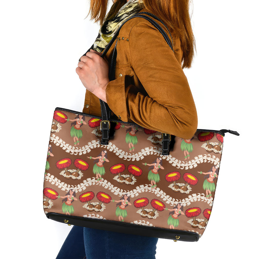 Uliuli Hawaii Makahiki Leather Tote Bag Hawaiian Puakenikeni Lei Hula Girl Brown Version LT14 Brown - Polynesian Pride
