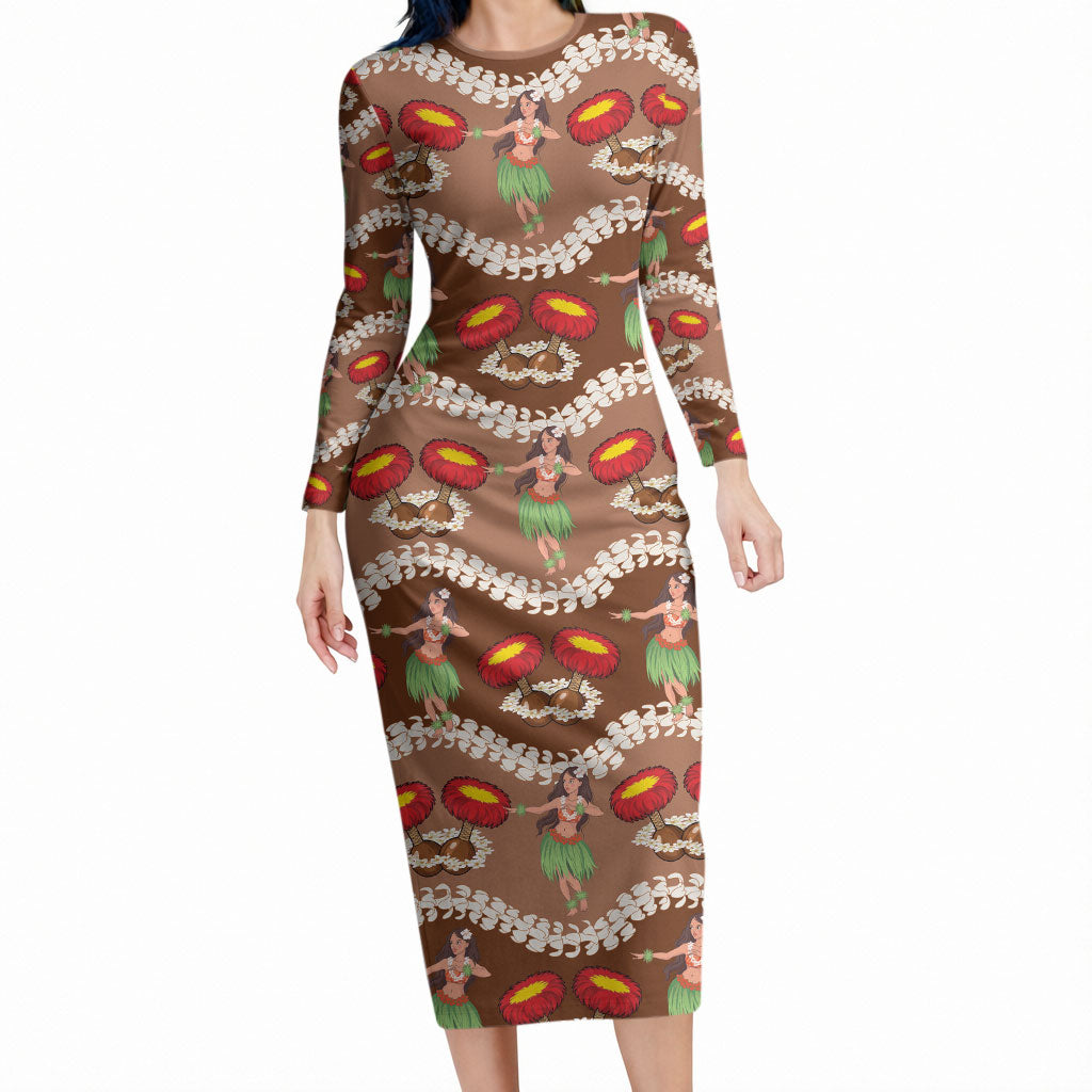 Uliuli Hawaii Makahiki Long Sleeve Bodycon Dress Hawaiian Puakenikeni Lei Hula Girl Brown Version LT14 Long Dress Brown - Polynesian Pride