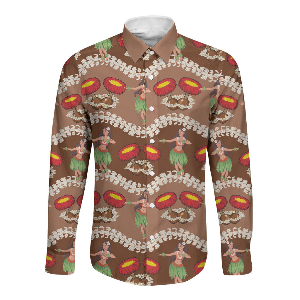 Uliuli Hawaii Makahiki Long Sleeve Button Shirt Hawaiian Puakenikeni Lei Hula Girl Brown Version LT14 Unisex Brown - Polynesian Pride