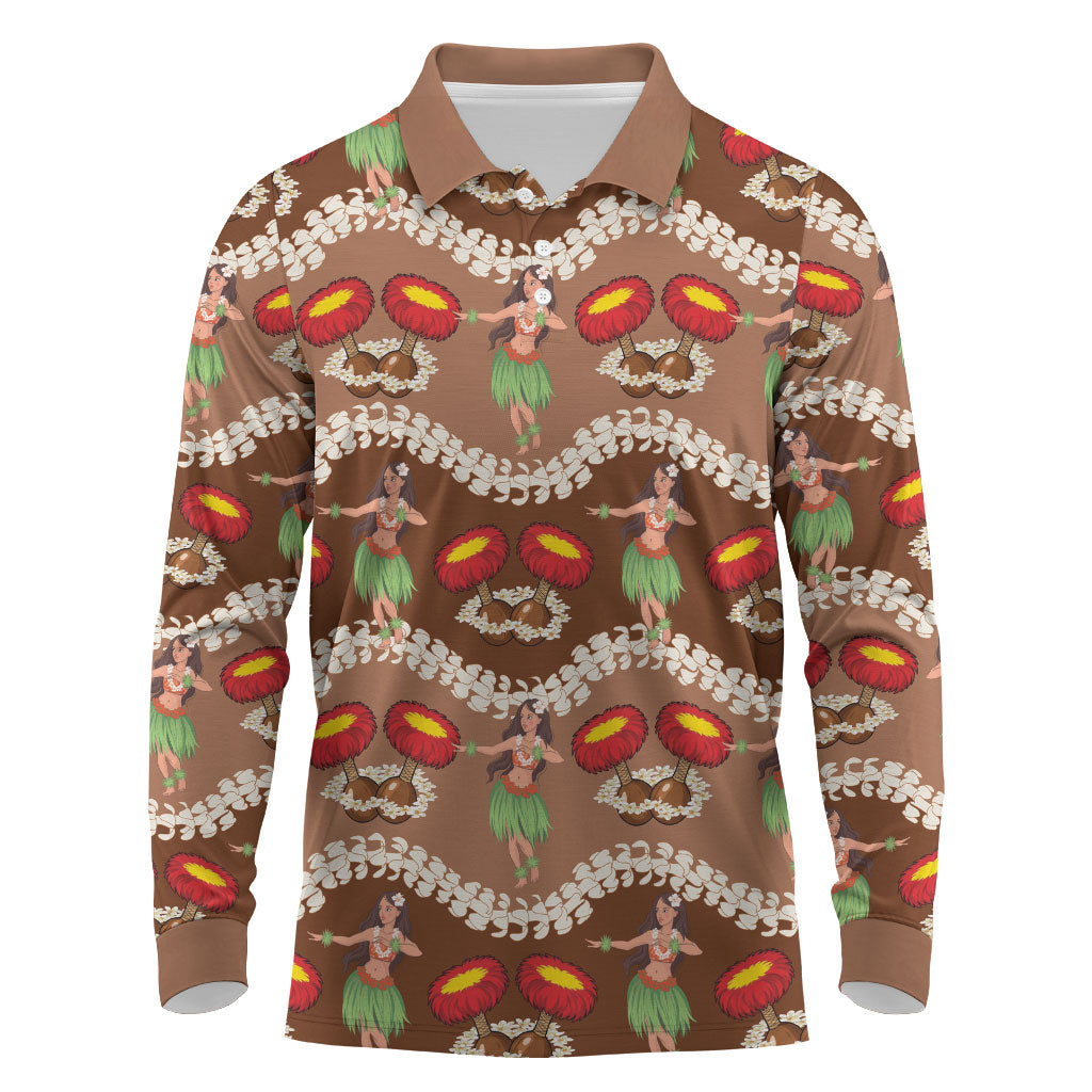 Uliuli Hawaii Makahiki Long Sleeve Polo Shirt Hawaiian Puakenikeni Lei Hula Girl Brown Version LT14 Brown - Polynesian Pride