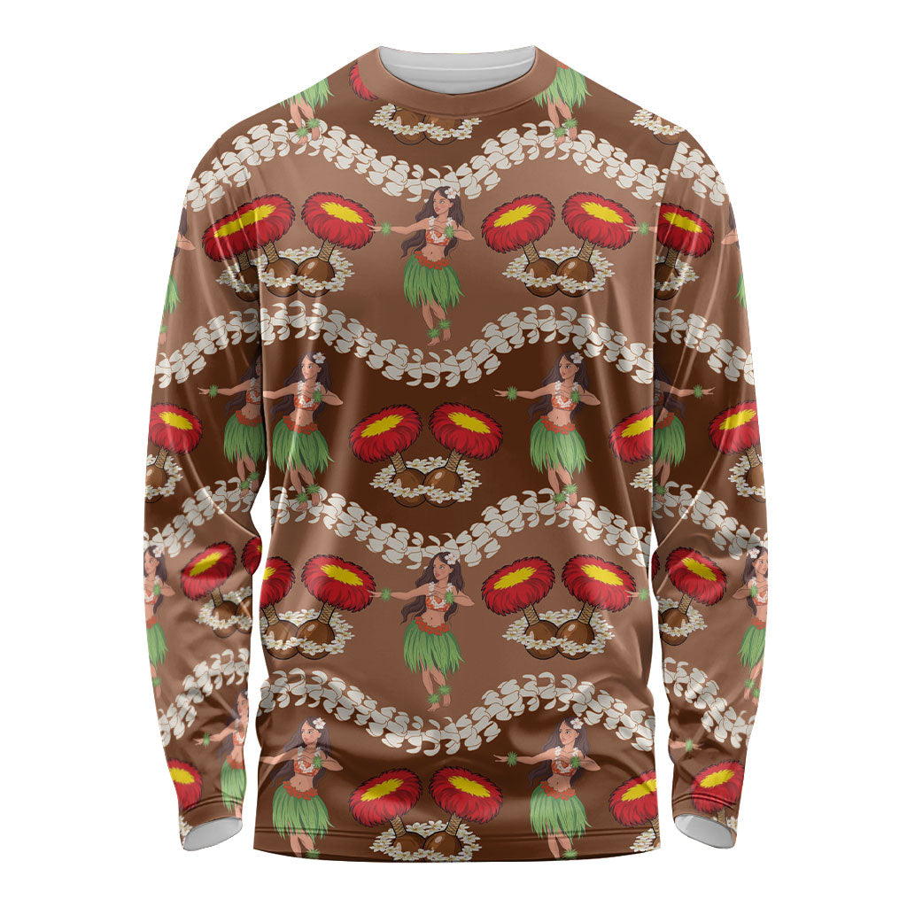 Uliuli Hawaii Makahiki Long Sleeve Shirt Hawaiian Puakenikeni Lei Hula Girl Brown Version LT14 Unisex Brown - Polynesian Pride