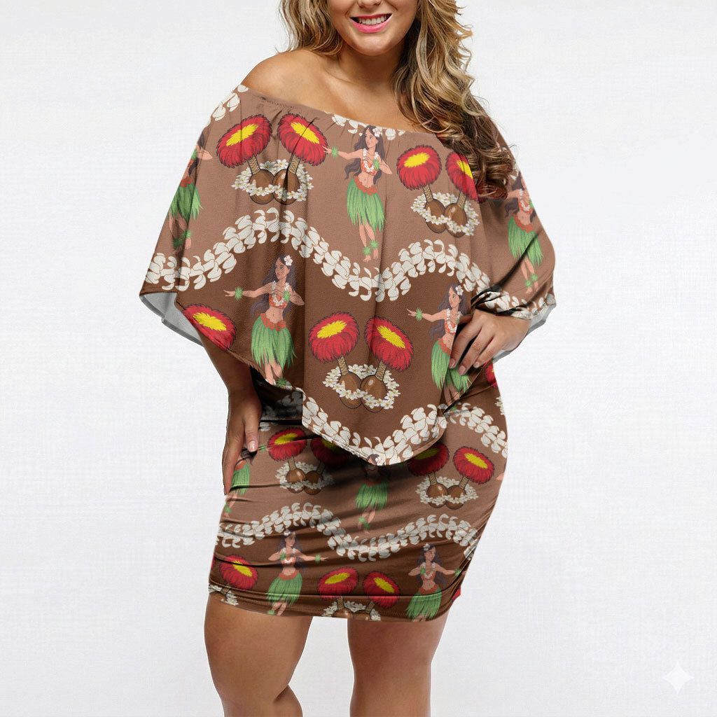 Uliuli Hawaii Makahiki Off Shoulder Short Dress Hawaiian Puakenikeni Lei Hula Girl Brown Version LT14 Women Brown - Polynesian Pride