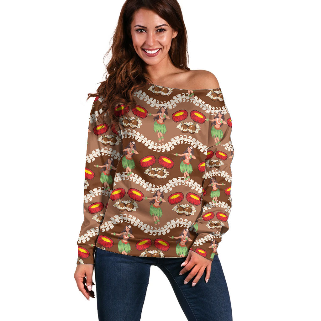 Uliuli Hawaii Makahiki Off Shoulder Sweater Hawaiian Puakenikeni Lei Hula Girl Brown Version LT14 Women Brown - Polynesian Pride