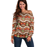 Uliuli Hawaii Makahiki Off Shoulder Sweater Hawaiian Puakenikeni Lei Hula Girl Brown Version LT14 Women Brown - Polynesian Pride