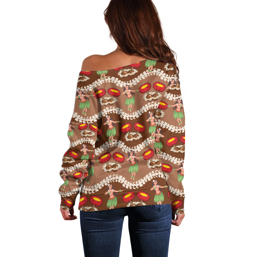 Uliuli Hawaii Makahiki Off Shoulder Sweater Hawaiian Puakenikeni Lei Hula Girl Brown Version LT14 - Polynesian Pride