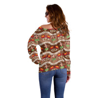 Uliuli Hawaii Makahiki Off Shoulder Sweater Hawaiian Puakenikeni Lei Hula Girl Brown Version LT14 - Polynesian Pride