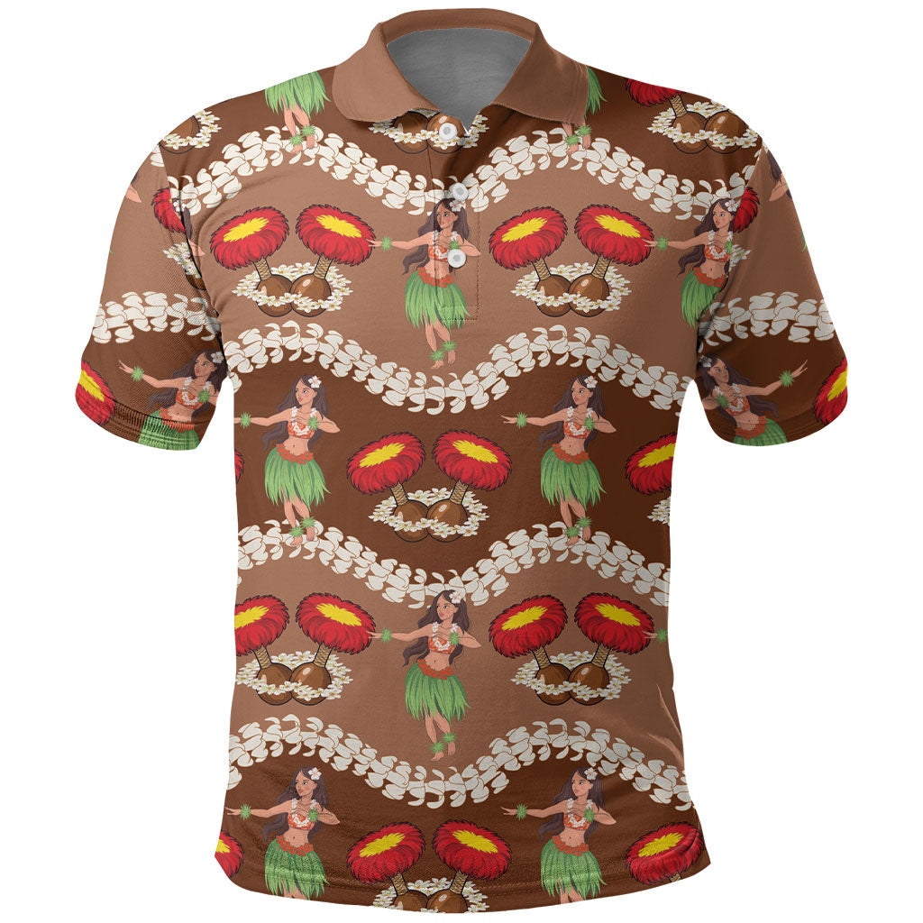 Uliuli Hawaii Makahiki Polo Shirt Hawaiian Puakenikeni Lei Hula Girl Brown Version LT14 Brown - Polynesian Pride