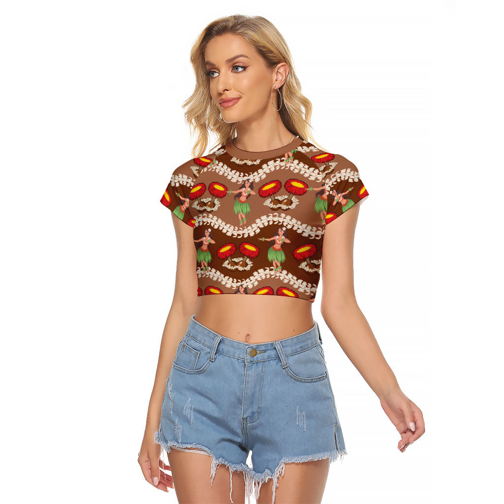 Uliuli Hawaii Makahiki Raglan Cropped T Shirt Hawaiian Puakenikeni Lei Hula Girl Brown Version