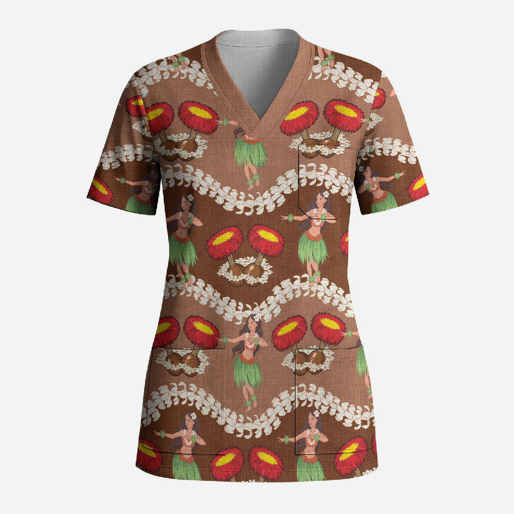 Uliuli Hawaii Makahiki Scrub Top Hawaiian Puakenikeni Lei Hula Girl Brown Version