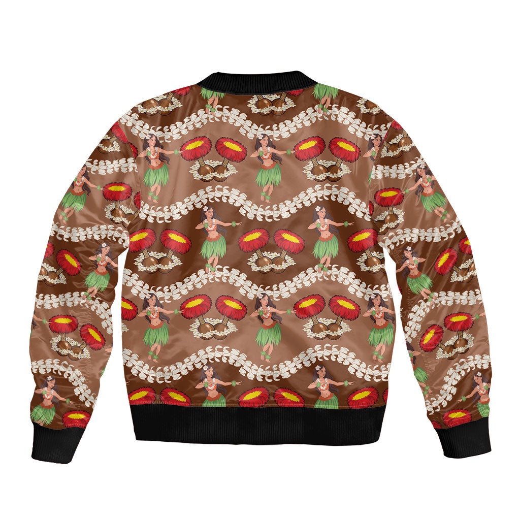 Uliuli Hawaii Makahiki Sleeve Zip Bomber Jacket Hawaiian Puakenikeni Lei Hula Girl Brown Version LT14 - Polynesian Pride