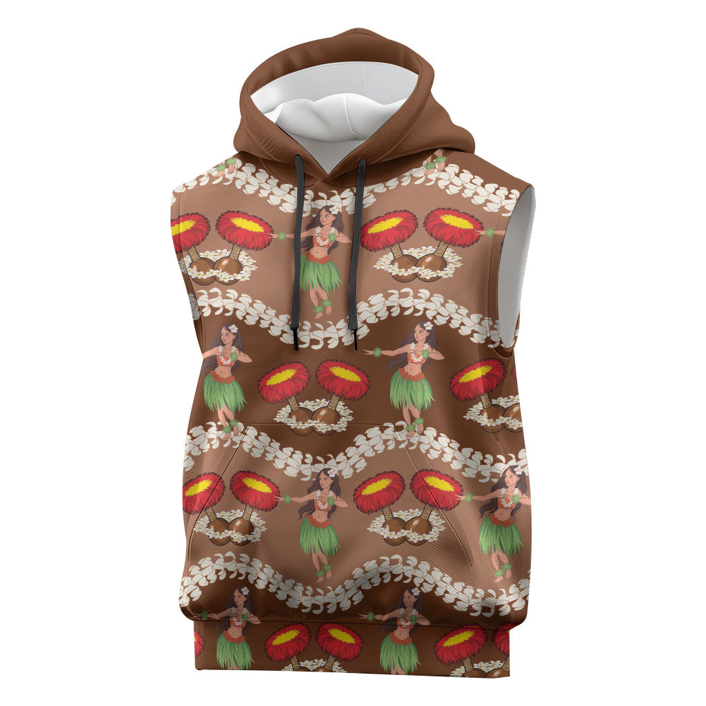 Uliuli Hawaii Makahiki Sleeveless Hoodie Hawaiian Puakenikeni Lei Hula Girl Brown Version