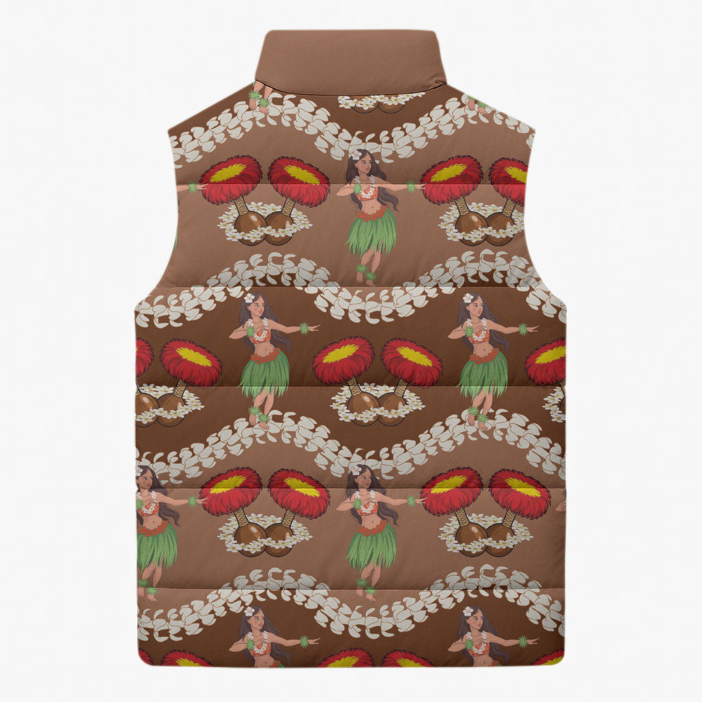 Uliuli Hawaii Makahiki Sleeveless Puffer Jacket Hawaiian Puakenikeni Lei Hula Girl Brown Version LT14 - Polynesian Pride